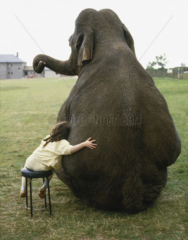 Elefant sitzt neben Maedchen