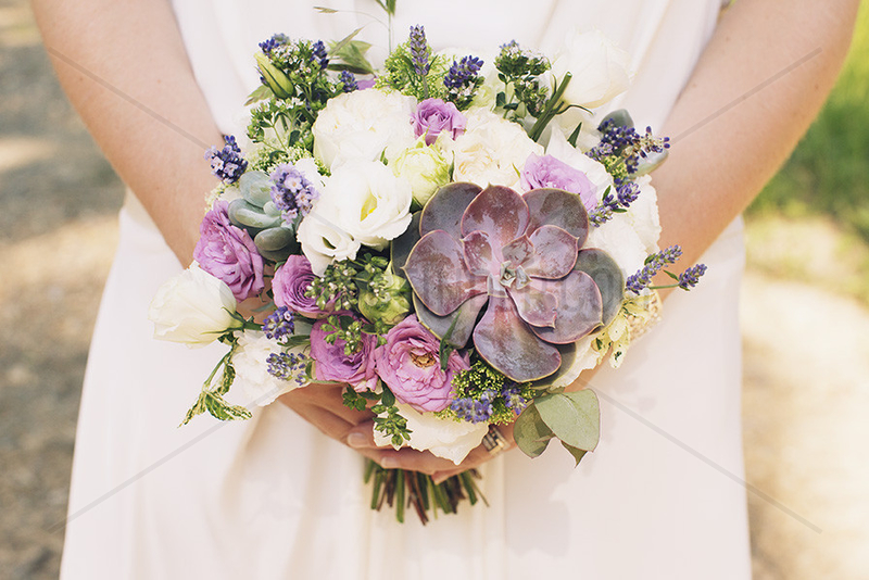 Bride holding bouquet of flowers and succulent plants,  cropped