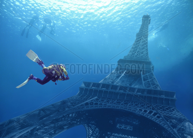 Zukunft,  Erhoehung des Meeresspiegels,  Eiffelturm,  Paris
