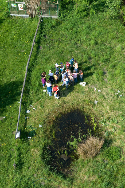Berlin,  Deutschland,  Kindergruppe an einem Teich in der Naturstation Malchow