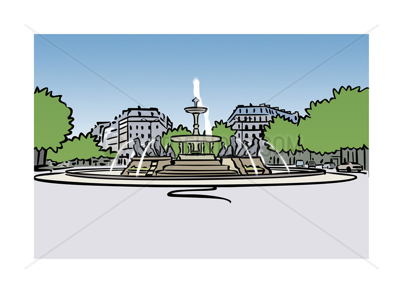 Illustration of fountain at Place Felix-Eboue in Paris,  France