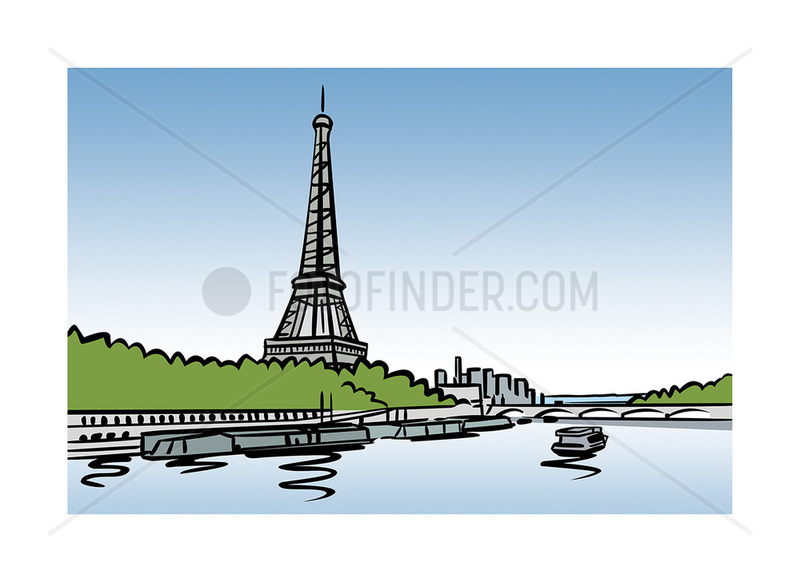 Illustration of the Seine and Eiffel Tower in Paris,  France