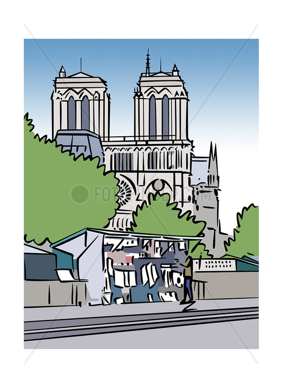 Illustration of a book stall and the Notre-Dame Cathedral in Paris,  France