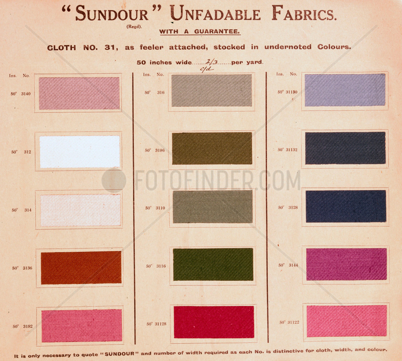 Sundour unfadable fabrics,  early 20th century.