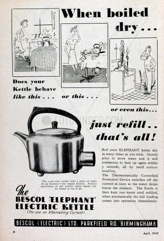 Advertisement for a Bescol electric kettle,  1949.