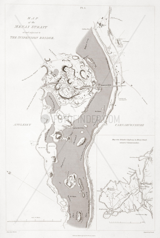 ‘Map of the Menai Strait at and adjacent to the Suspension Bridge’,  1828.