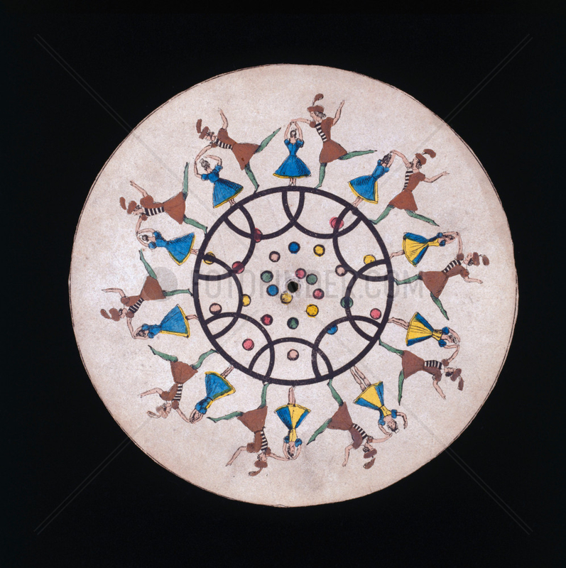 Phenakistoscope disc showing male and female ballet dancers,  c 1830.