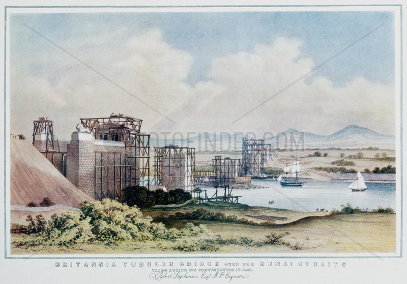 Britannia Tubular Bridge,  Wales,  during construction,  1848.