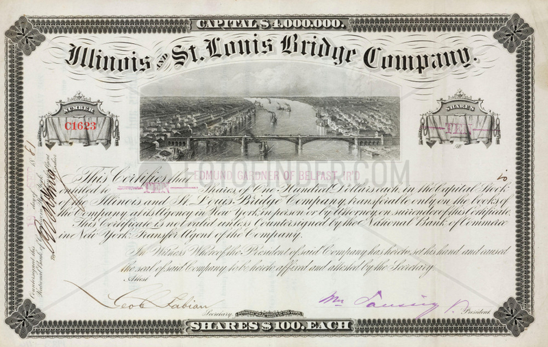 Share certificate of the Illinois & St Louis Bridge Company,  1881.