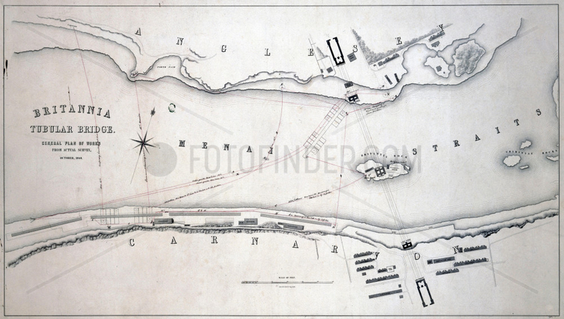 Plans for the Britannia Tubular Bridge over the Menai Straits,  Wales,  1848.