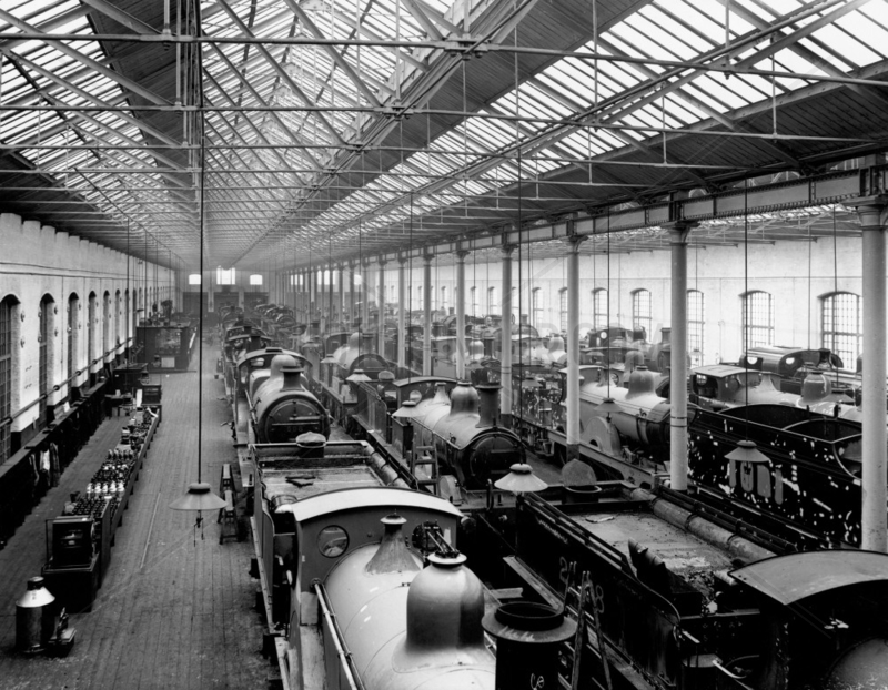 Locomotives in the paint shop at the Midlan