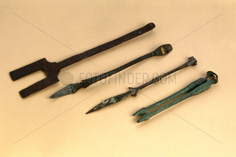 Bronze forceps,  spoon,  elevator and cautery,  200 BC-1600 AD.