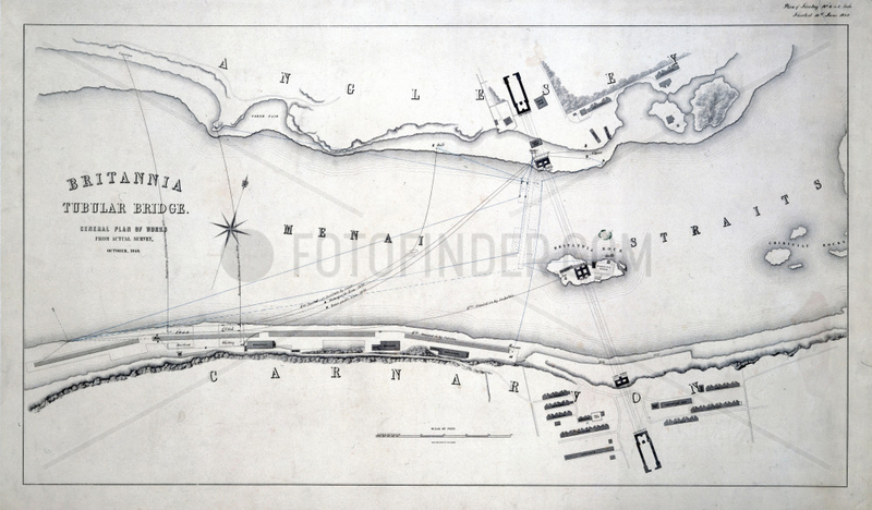 Plans for the Britannia Tubular Bridge over the Menai Straits,  Wales,  1848.