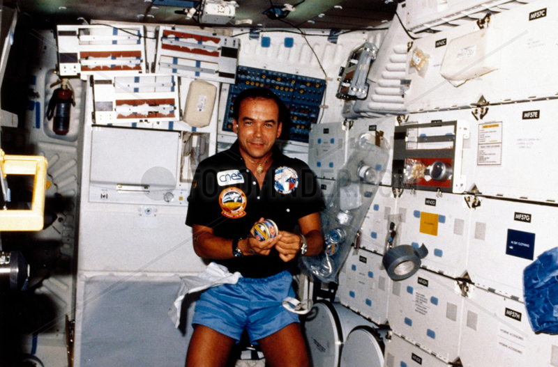 French astronaut Patrick Baudry aboard the Space Shuttle Discovery,  1985.