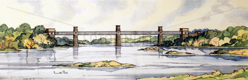 The Britannia Tubular Bridge,  Wales,  BR (LMR) carriage print,  early 1950s.