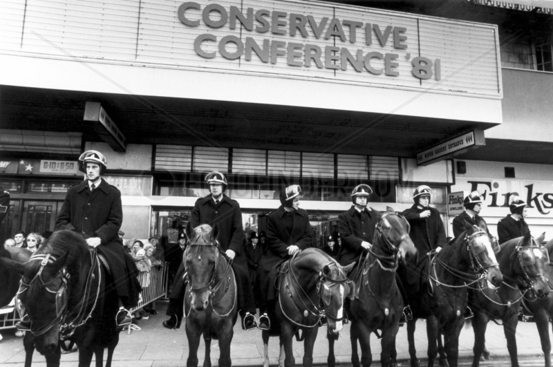 Riot police guarding the Conservative Party Conference,  1981.