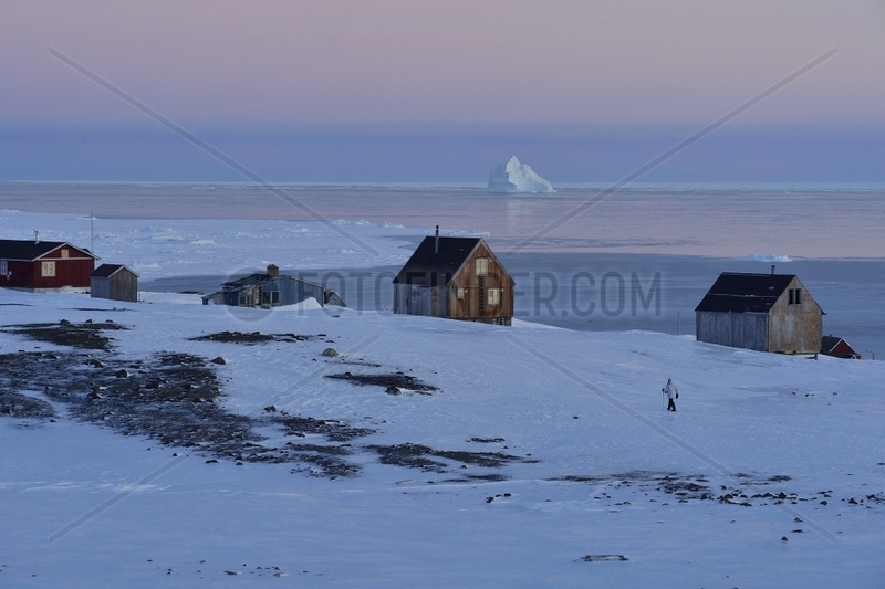 Kap Hope village (Igterajivit),  February 2016,  the Scoresbysund in the background,  Greenland.