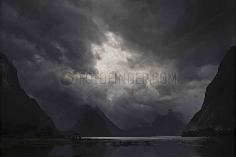 The fjord of Milford Sound in South Island before the storm
