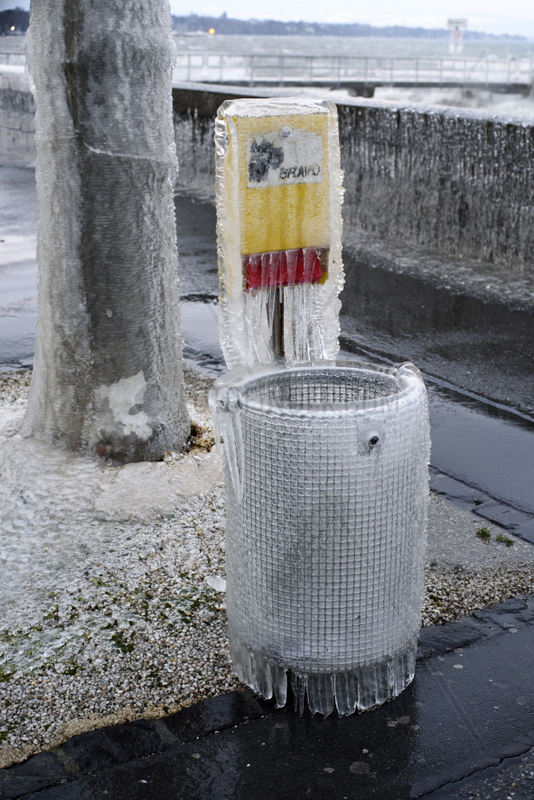 Waste bin frozen during the episode of extreme cold around Lake Geneva,  January 17,  2017,  Versoix,  Switzerland