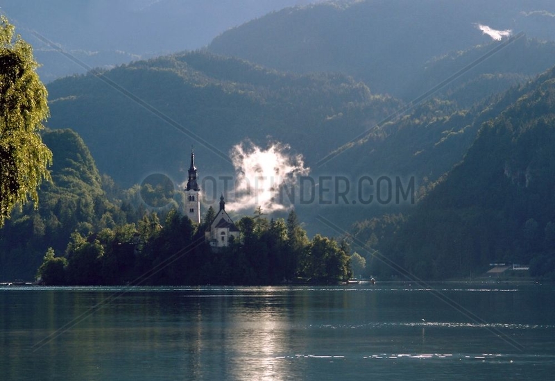 Island and church on the lake Bled Slovenia