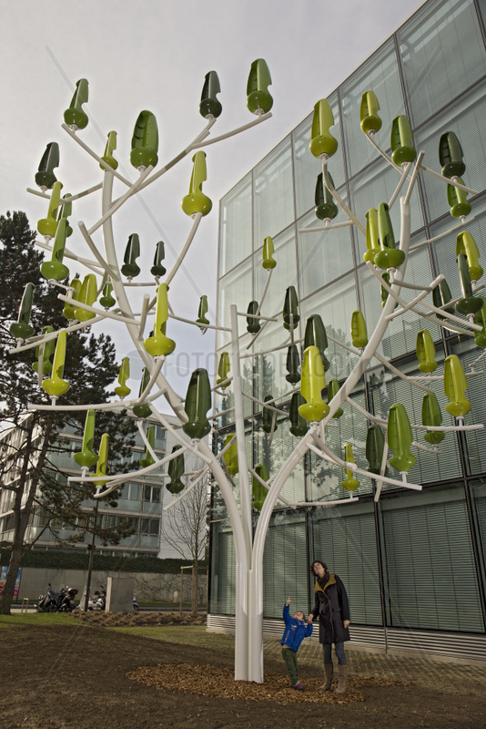 Wind Tree,  Geneva,  Switzerland. It is able to satisfy more than 80% of the electricity consumption of a household of four people,  excluding heating. The wind farm is actually a metal shaft that produces green electricity and its creator rather not hear ab