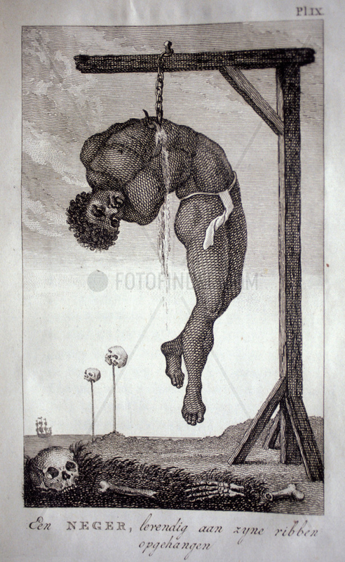William Blake. Engraving from the book Narrative of a five years expedition against the revolted Negroes of Surinam by Captain John Gabriel Stedman,  London 1796. A black man was hanged alive.