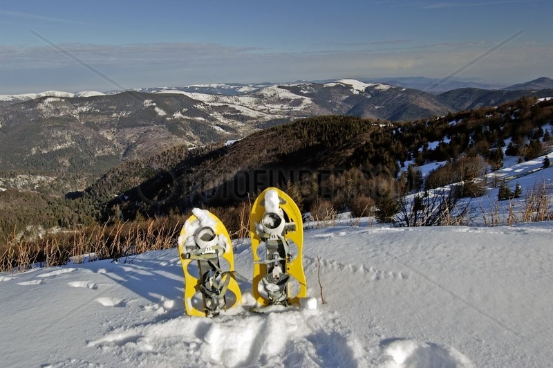 Rackets with snow posed on a top in winter France