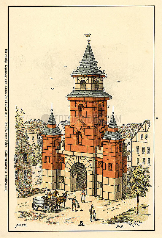 Bauvorlage fuer ein Stadttor,  Baukasten,  Firma F. AD. Richter & Cie.,  Rudolstadt,  Spielwaren,  1900
