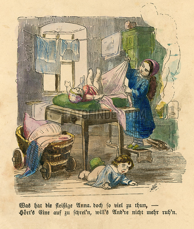 Maedchen betreut ihre kleinen Geschwister,  Illustration,  1860