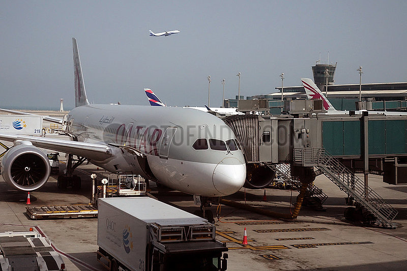 Doha,  Katar,  Flugzeug der Qatar Airways auf dem Vorfeld des Flughafen