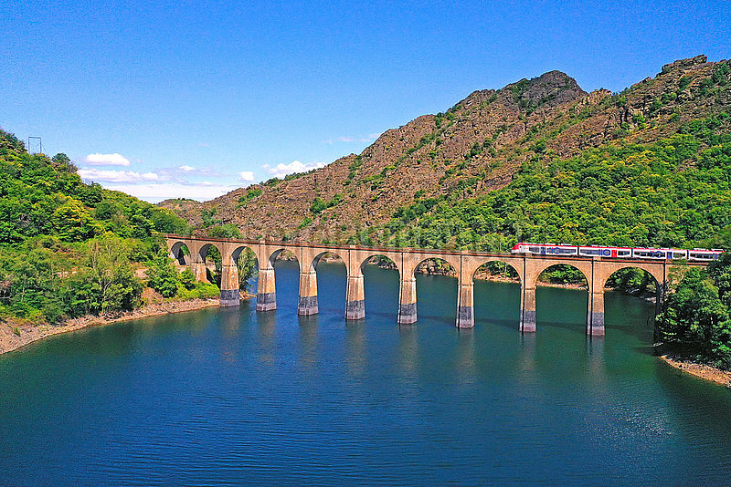 France;. Occitany. Gard (30) Cevennes National Park. Aerial view of the Chamborigaud viaduct (1865),  a work of art classified as a Historic Monument spanning the green Luech Valley