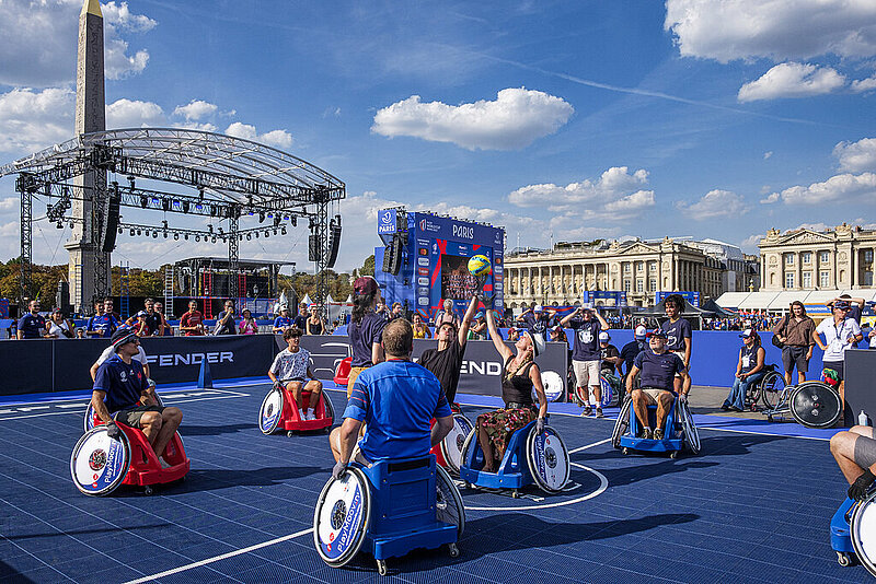 FRANCE. PARIS (75) (8TH DISTRICT) ON THE OCCASION OF THE 2023 RUGBY WORLD CUP WHICH IS TAKING PLACE IN FRANCE,  A ?RUGBY VILLAGE? (FAN ZONE) HAS BEEN SET UP AT PLACE DE LA CONCORDE DURING THE ENTIRE COMPETITION.. WHEELCHAIR RUGBY DEMONSTRATION