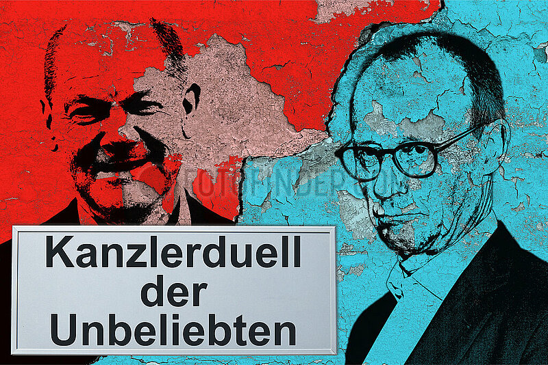 Symbolisches Schild Kanzlerduell der Unbeliebten - Olaf Scholz & Friedrich Merz