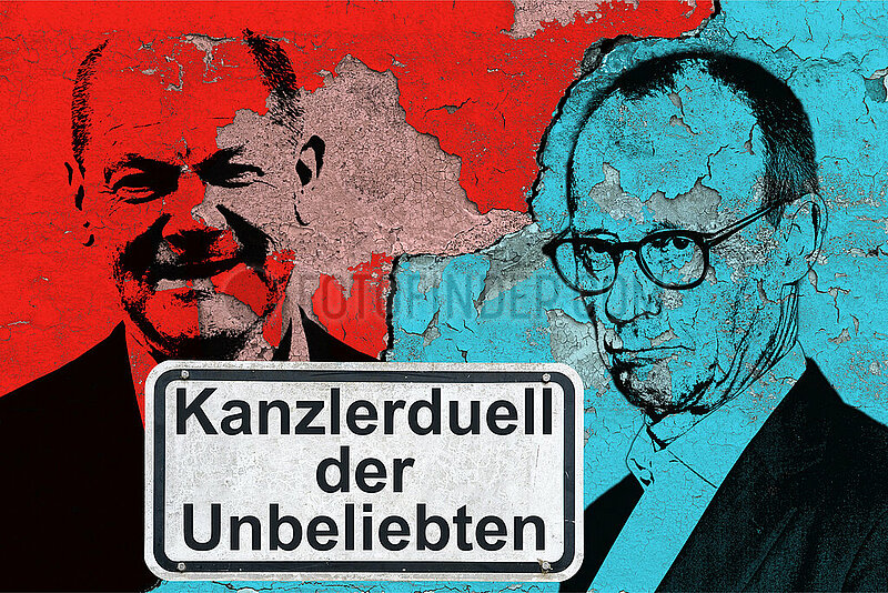 Symbolisches Schild Kanzlerduell der Unbeliebten - Olaf Scholz & Friedrich Merz