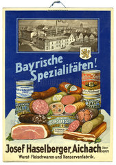 Werbeschild fuer bayerische Fleischwaren  Aichach  1927