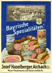 Werbeschild fuer bayerische Fleischwaren  Aichach  1927