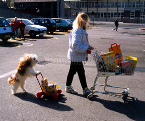 Frau und Hund mit Einkaufswagen