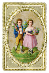 Kinder verschenken Blumen  Glueckwunschkaertchen  1845