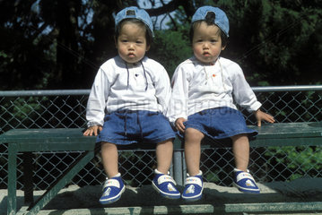 japanische Zwillinge auf Parkbank