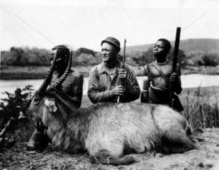 Grosswildjaeger und zwei Afrikaner posieren mit Antilopen
