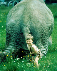 Kind zieht Elefant am Schwanz