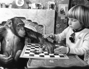 No. 1 Maedchen und Schimpanse spielen Muehle