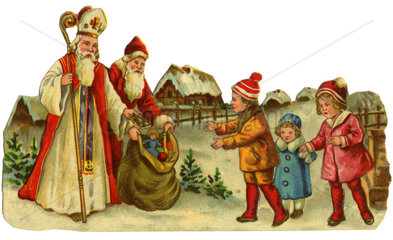 Hl. Nikolaus und Weihnachtsmann beschenken Kinder  1910