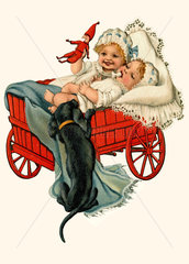 Babies spielen mit Hund  1911