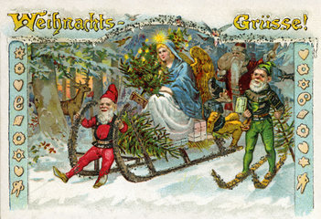 Christkind auf dem Schlitten  Zwerge  Weihnachtskarte  1900