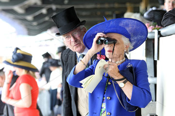 Royal Ascot  Fashion  woman with hat has a look through her binoculars
