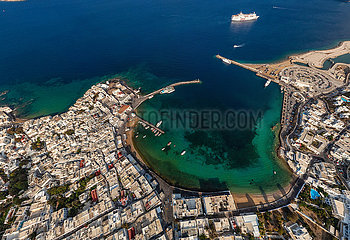 Greece. Cyclades archipelago. Aerial view of Mykonos Island.