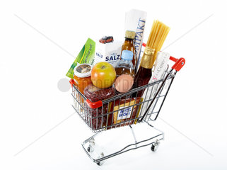 Einkaufswagen mit Lebensmitteln und Waren des taeglichen Gebrauchs