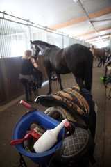 Oberoderwitz  Symbolfoto  junge Frau macht ihr Pferd auf der Stallgasse fuer einen Ausritt fertig
