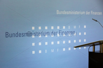 Berlin  Deutschland - Logowand des Bundesfinanzministeriums.